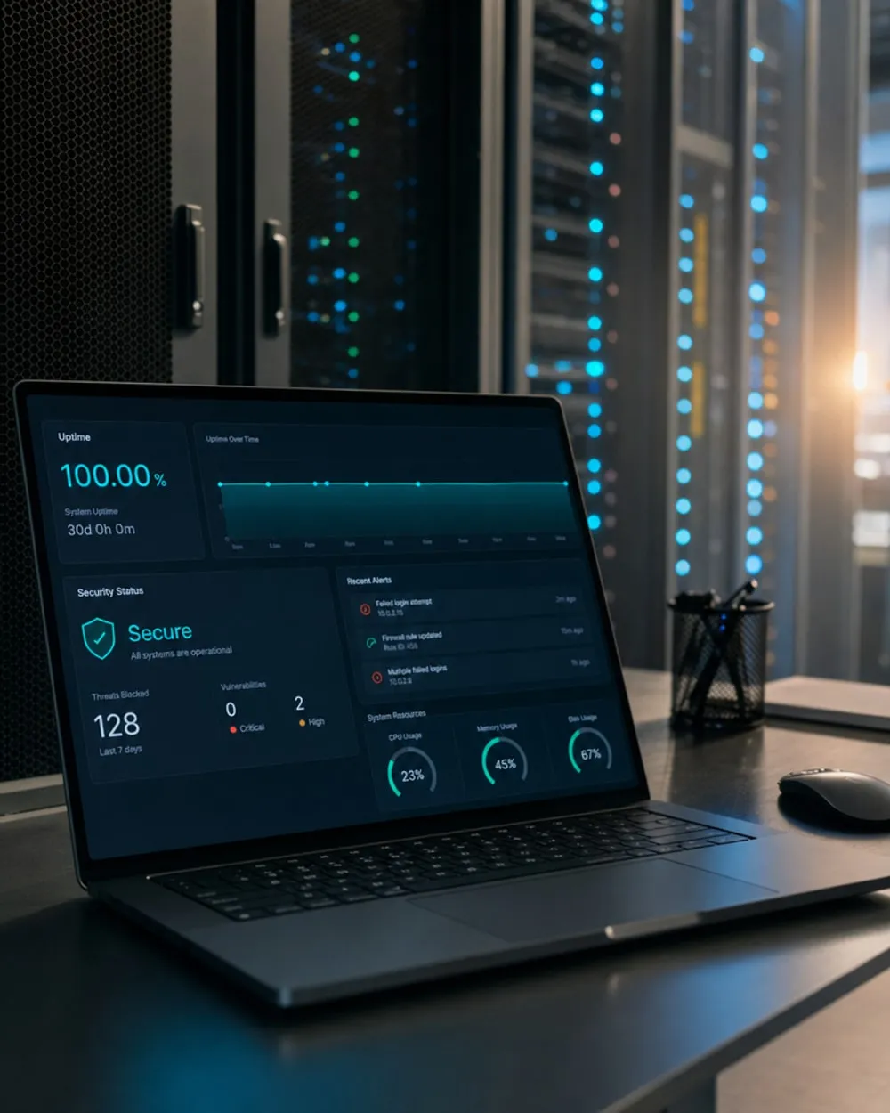 IT engineer beside glowing server racks in a clean data center