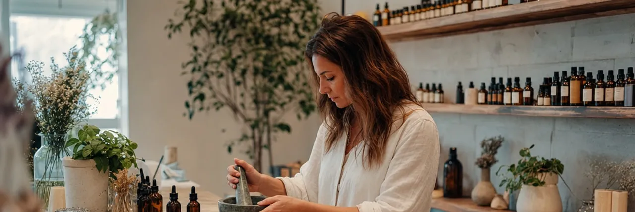 Naturopath preparing natural remedies in a Calgary wellness clinic