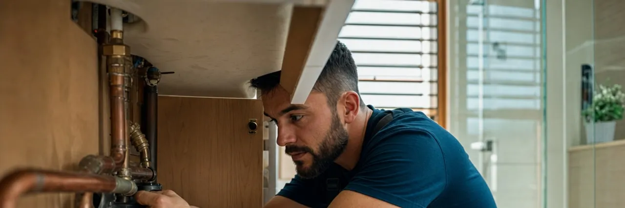 Calgary plumber working on copper pipes under a sink