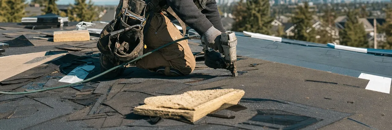 Calgary roofer installing shingles on a rooftop