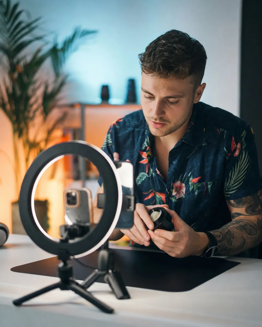 Social media content creator producing branded posts